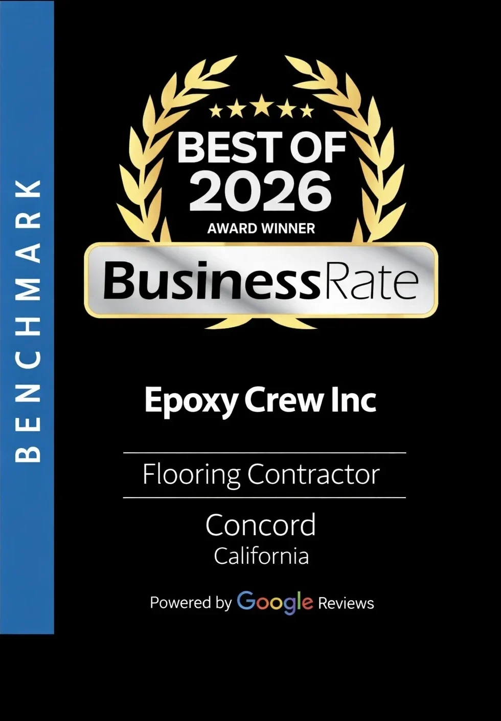2026 BusinessRate Best of Award badge for Epoxy Crew Inc, top flooring contractor in Concord, California.